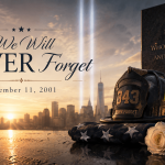9/11 Never Forget firefighter memorial flag with NYC skyline, helmet, rose and candle
