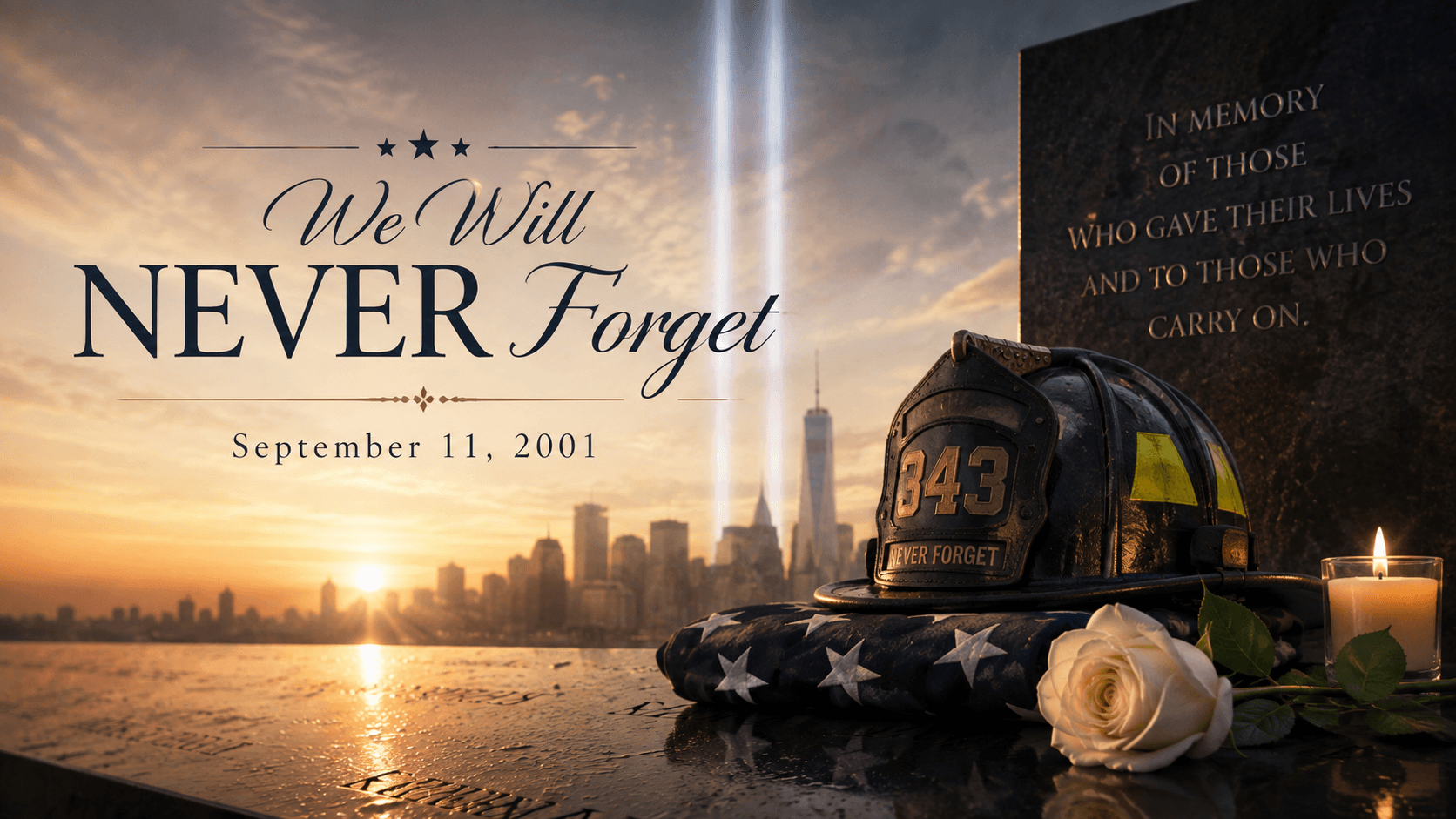 9/11 Never Forget firefighter memorial flag with NYC skyline, helmet, rose and candle 9/11 Never Forget firefighter memorial flag with NYC skyline, helmet, rose and candle