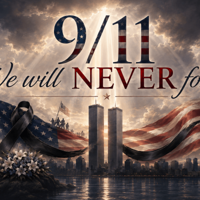 9/11 We Will Never Forget memorial flag with Twin Towers and American flag