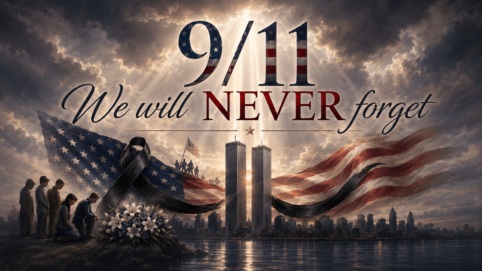 9/11 We Will Never Forget memorial flag with Twin Towers and American flag 9/11 We Will Never Forget memorial flag with Twin Towers and American flag