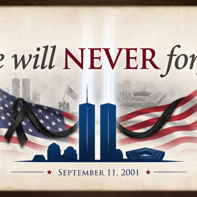 9/11 We Will Never Forget remembrance flag with Twin Towers, American flag and memorial ribbon