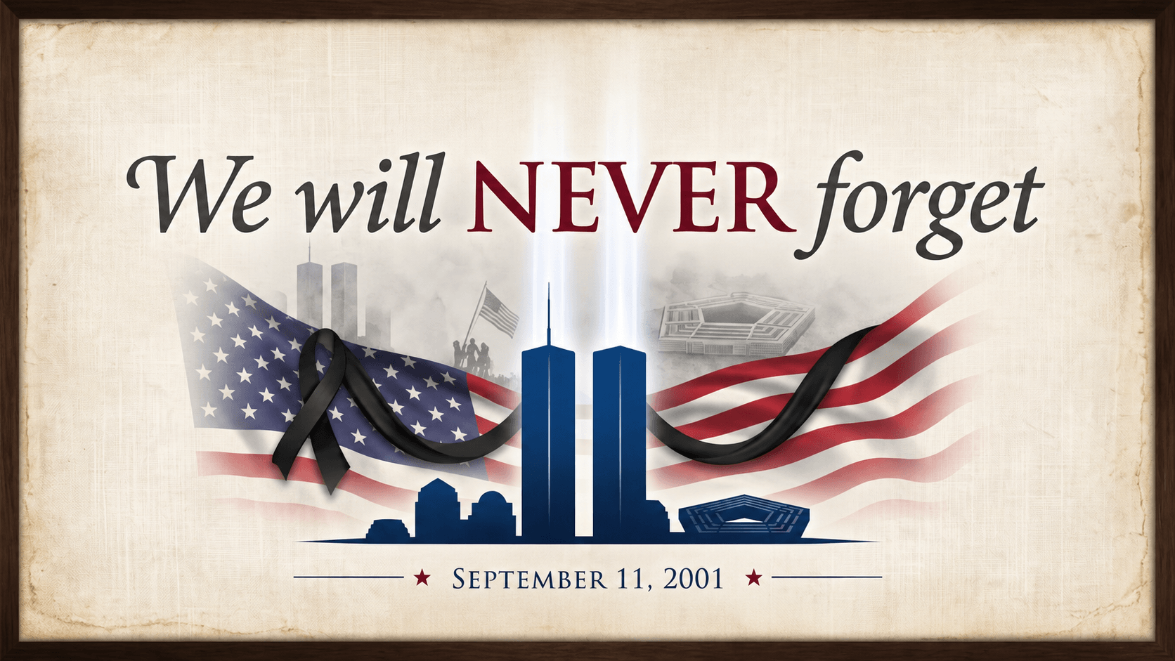 9/11 We Will Never Forget remembrance flag with Twin Towers, American flag and memorial ribbon 9/11 We Will Never Forget remembrance flag with Twin Towers, American flag and memorial ribbon