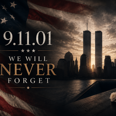 9.11.01 Never Forget Twin Towers memorial flag with American flag and NYC skyline