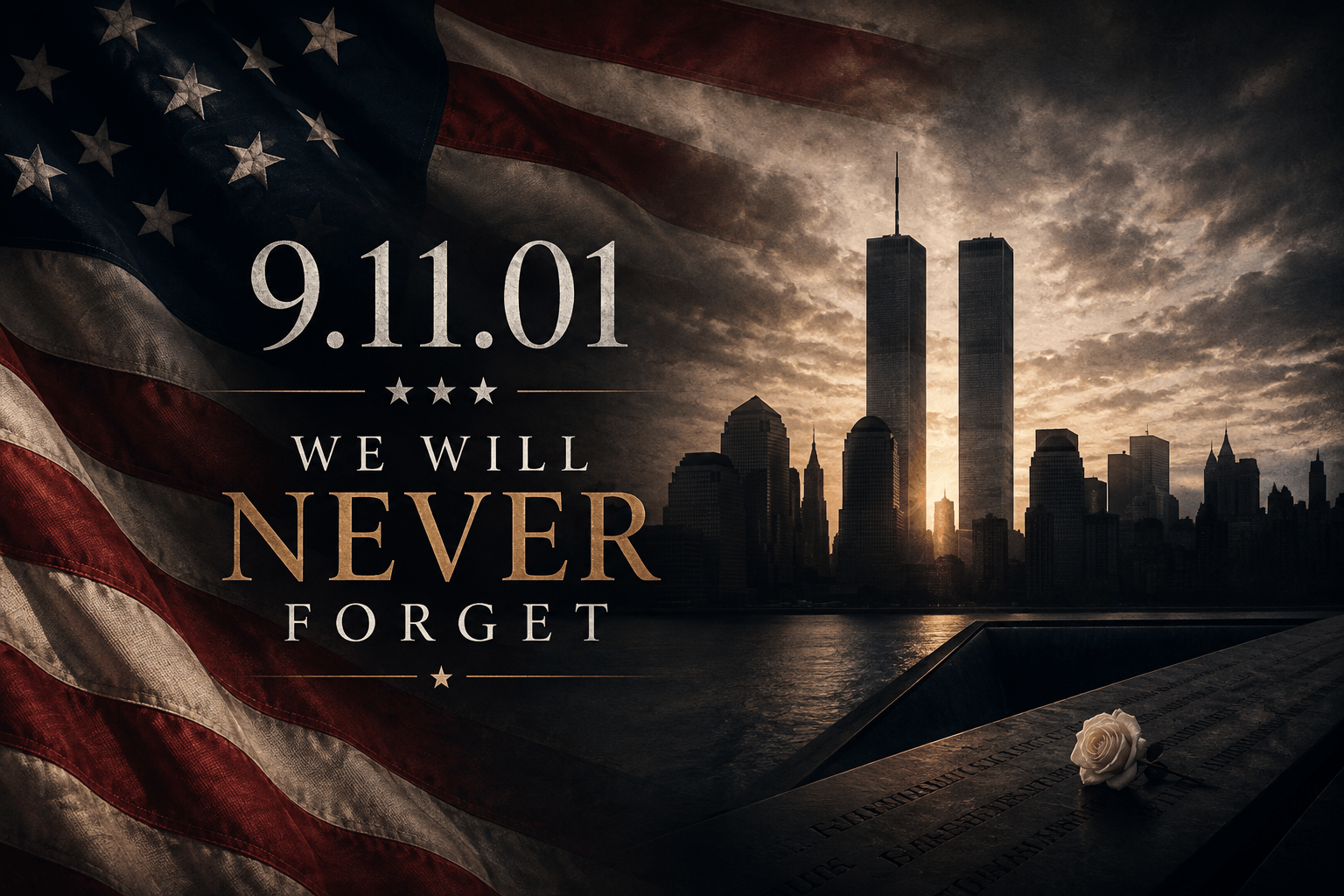 9.11.01 Never Forget Twin Towers memorial flag with American flag and NYC skyline 9.11.01 Never Forget Twin Towers memorial flag with American flag and NYC skyline
